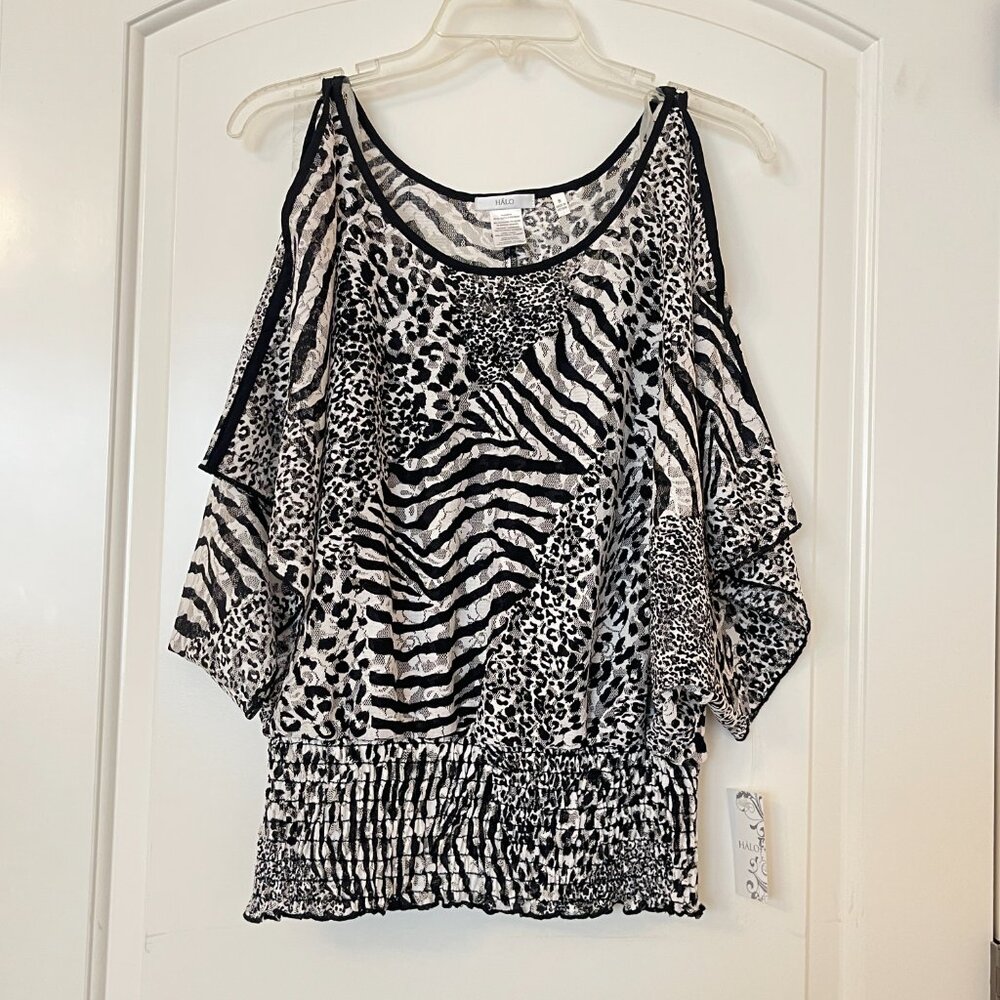 New Halo Blouse Cold Shoulder Mesh Attached Cami Tank Top Animal Print NWT Small